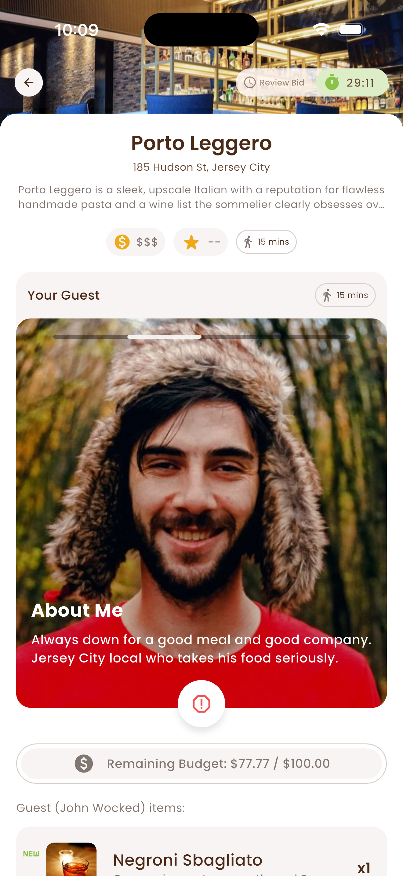Treat.Me match screen showing guest details before a meal
