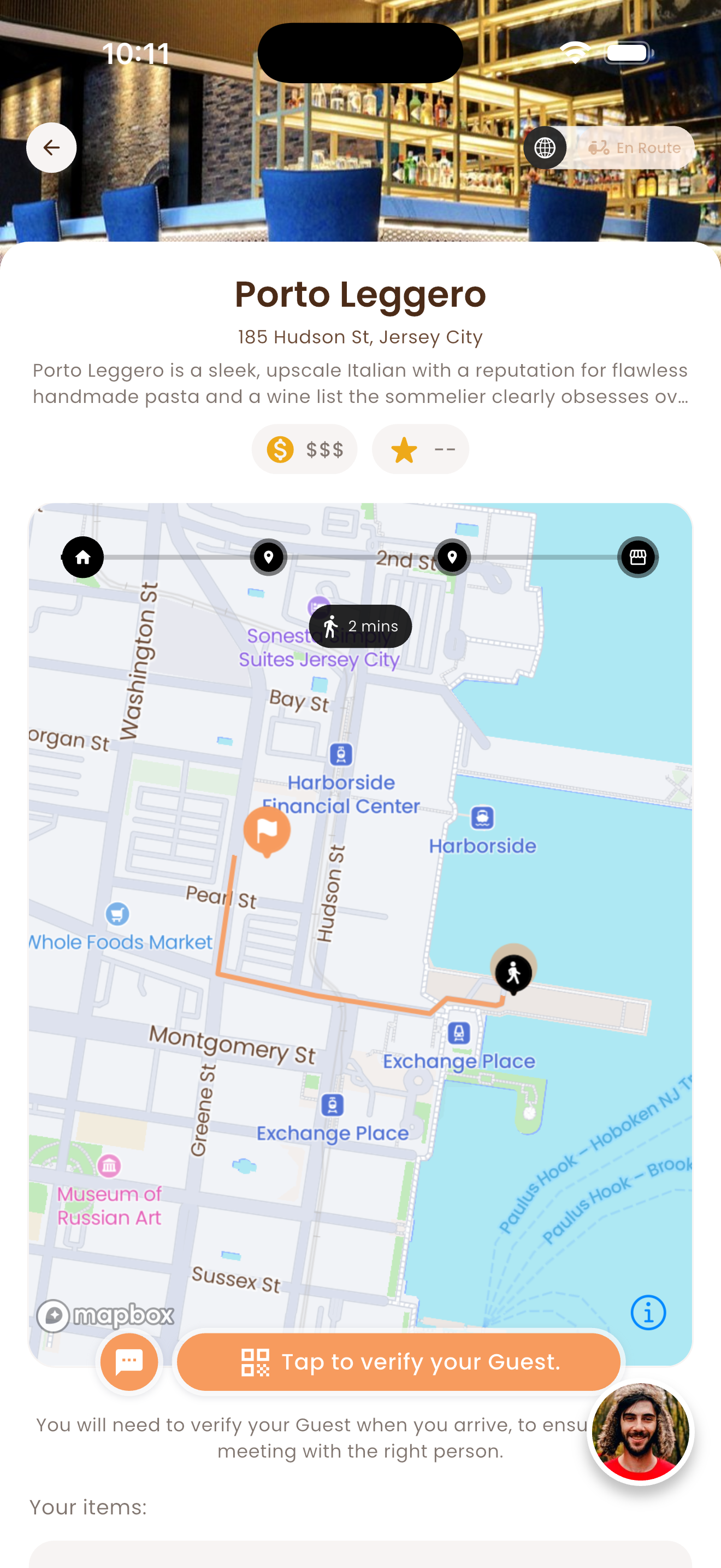 Treat.Me meet screen showing restaurant check-in and verification map